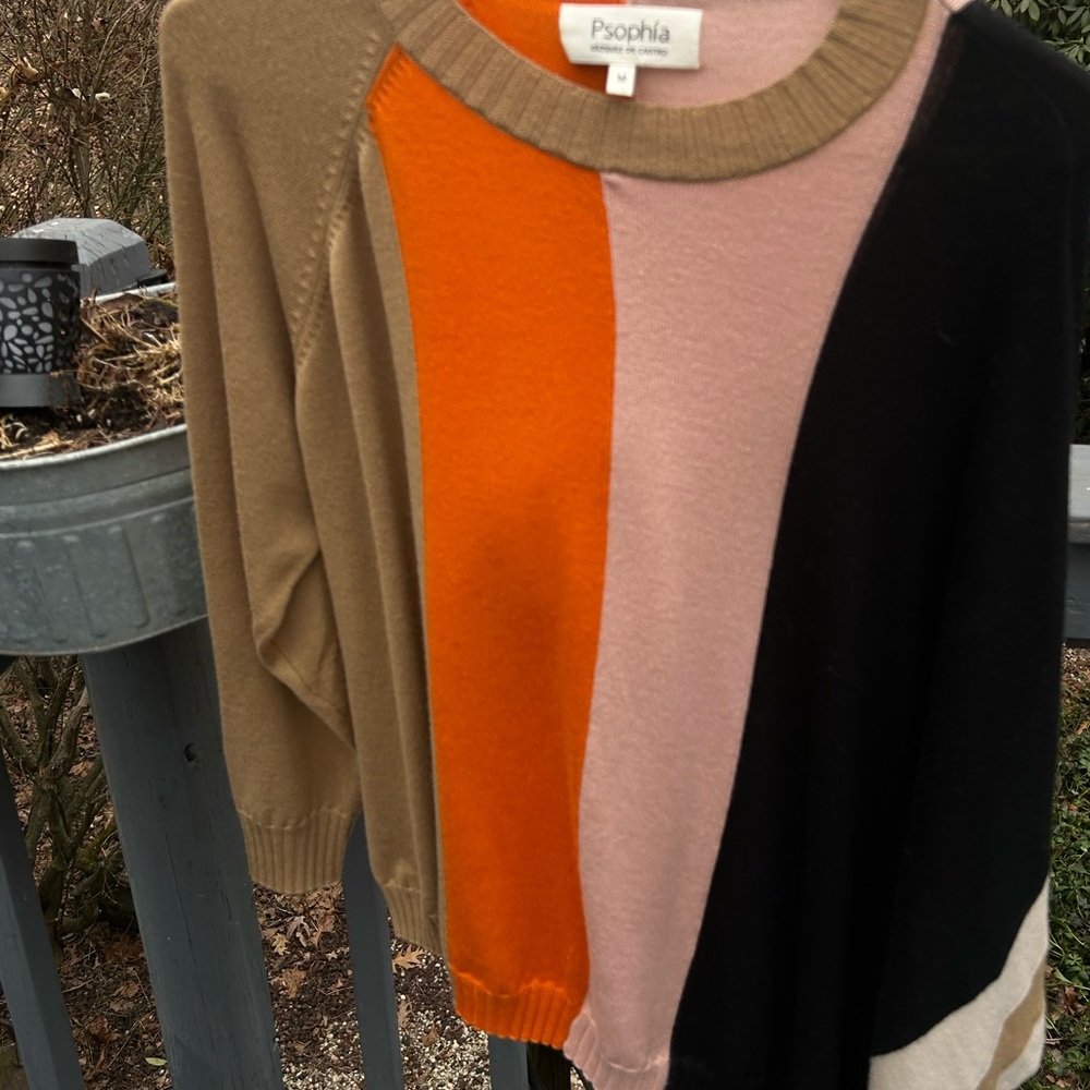 Psophia Women's Colorblock Crew Neck Sweater - Tan, Orange, Pink, Black